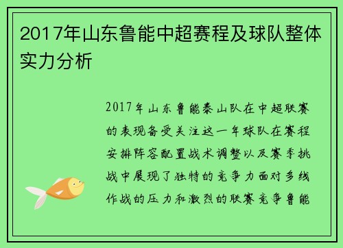 2017年山东鲁能中超赛程及球队整体实力分析